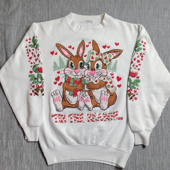 Vintage Sweaters - VINTAGE Crewneck Sweater White Red Tis The Season Snuggle Bunny 80s 90s Grandma